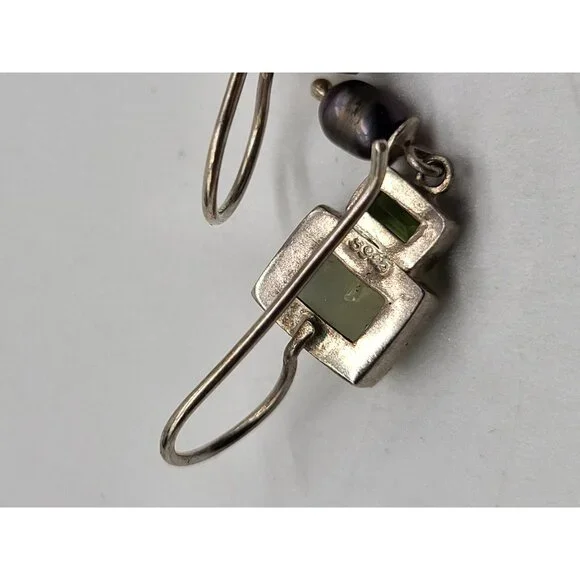 VTG 925 Sterling Silver Earrings Dangle Drop Green Gemstones Pearl Dainty - Picture 7 of 8